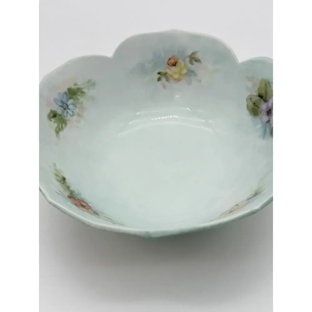 Vintage Hand Painted Floral Porcelain Scalloped Bowl Artist Signed 8 Inch